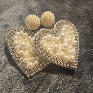 Pearl & Rhinestone Heart Statement Earrings - Ivory